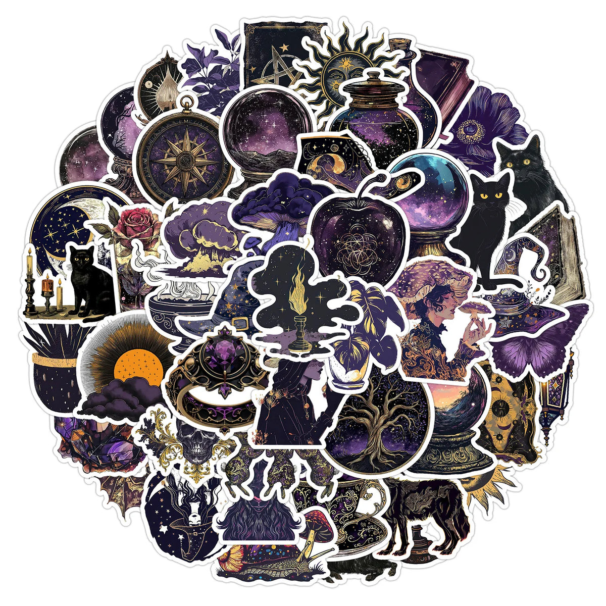 Colección circular de calcomanías góticas en púrpura oscuro y negro con gatos, murciélagos, calaveras, flores y elementos mís