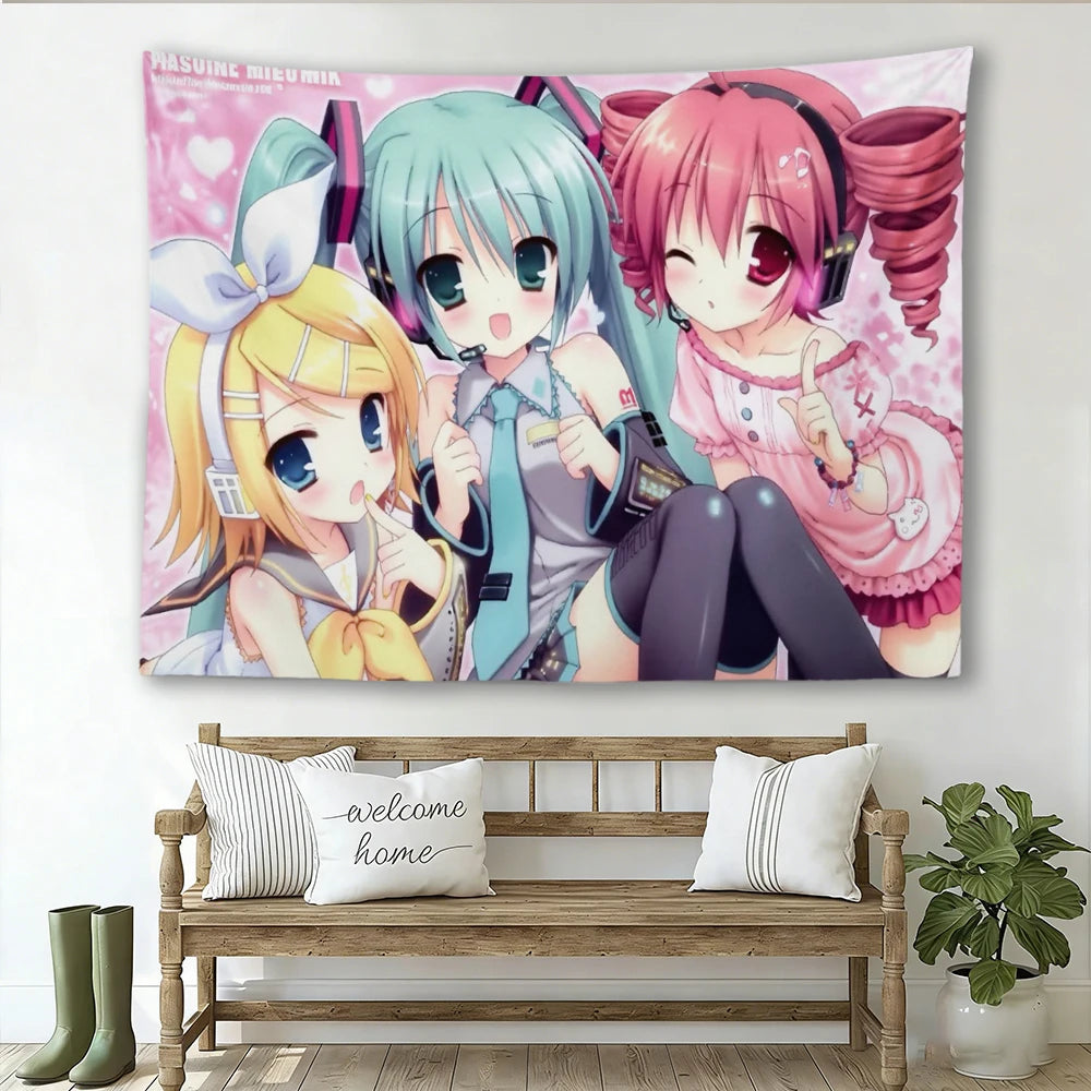 Vocaloid anime tapestry featuring Hatsune Miku and friends in pink and blue tones