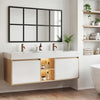 A modern black framed window mirror above a white vanity with wooden accents and storage shelves.
