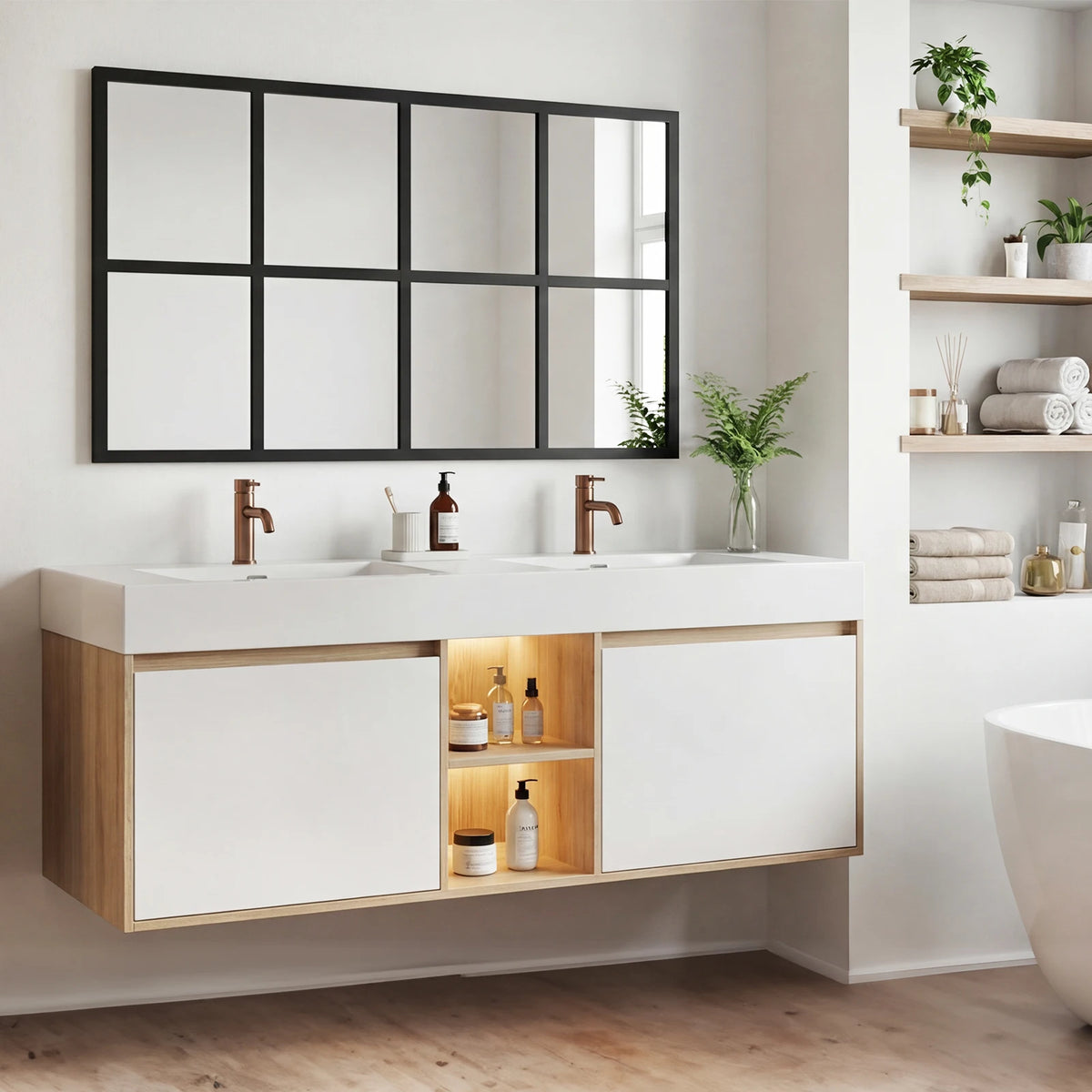 A modern black framed window mirror above a white vanity with wooden accents and storage shelves.