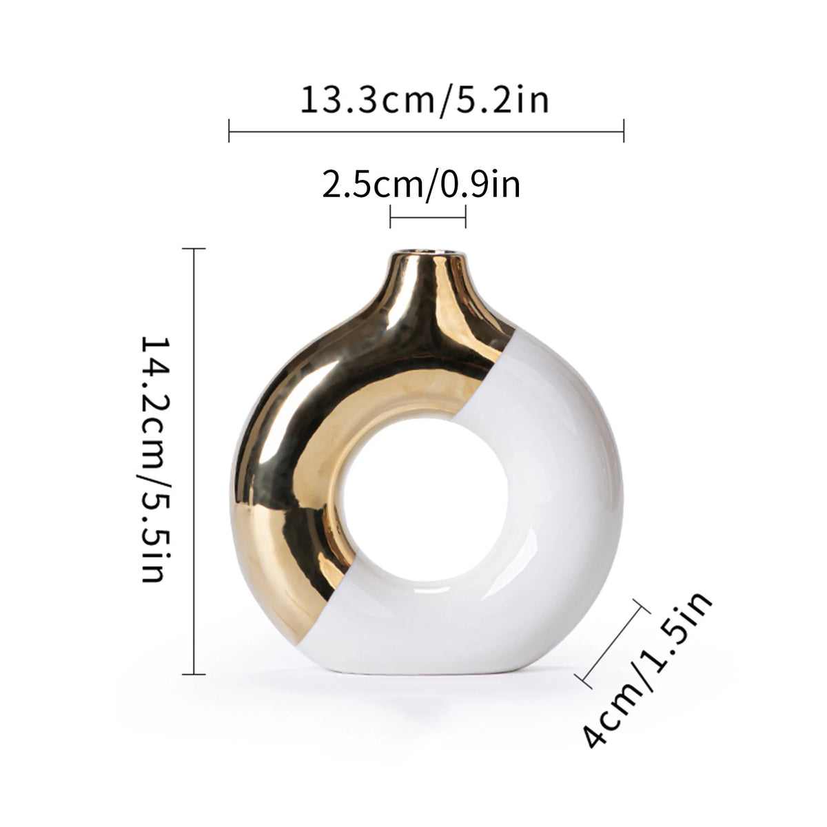 A white and gold ceramic flower vase with a curved, open shape.