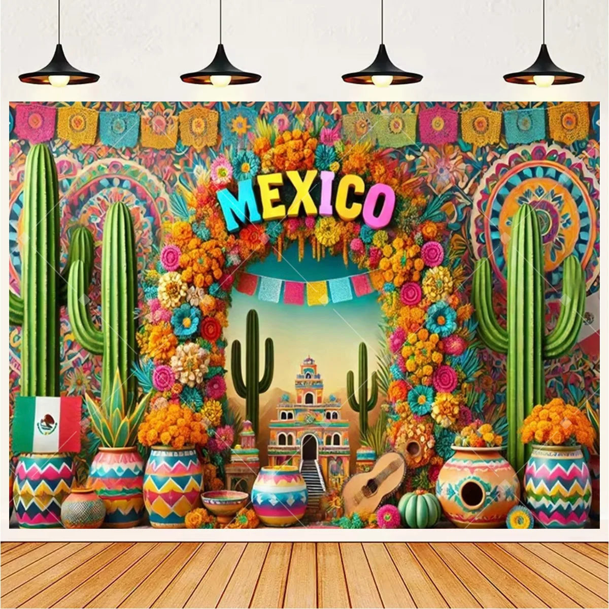 A vibrant Mexican fiesta photo backdrop featuring colorful cacti, a sombrero, and a guitar design.