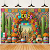 A vibrant Mexican fiesta photo backdrop featuring colorful cacti, a sombrero, and a guitar design.