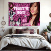 A pink leopard print tapestry featuring a woman and text that says That's Hot!