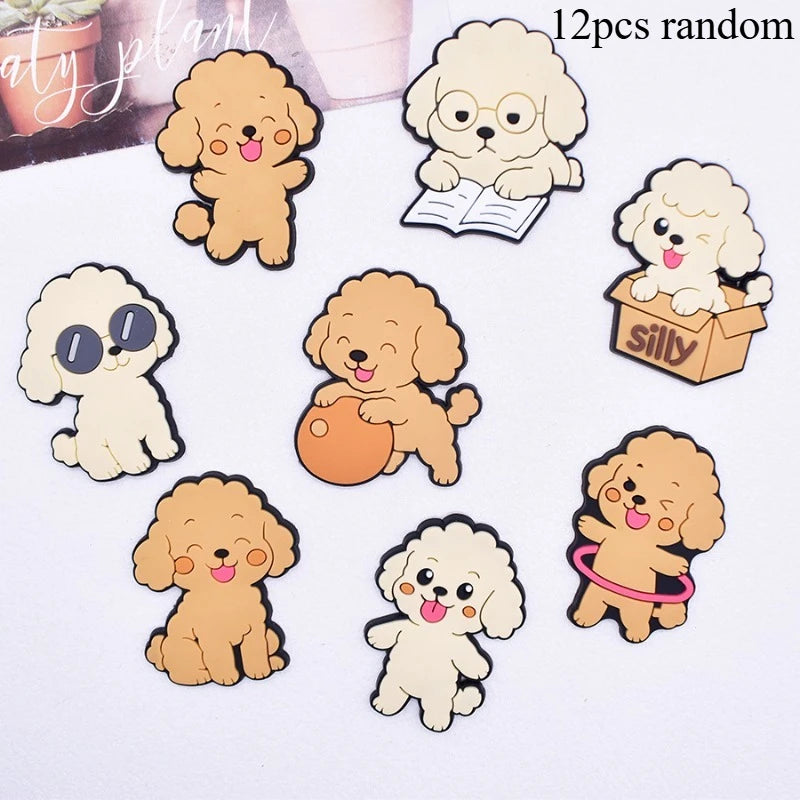 A set of twelve random cute dog-themed fridge magnets featuring soft pastel colors and various poses.