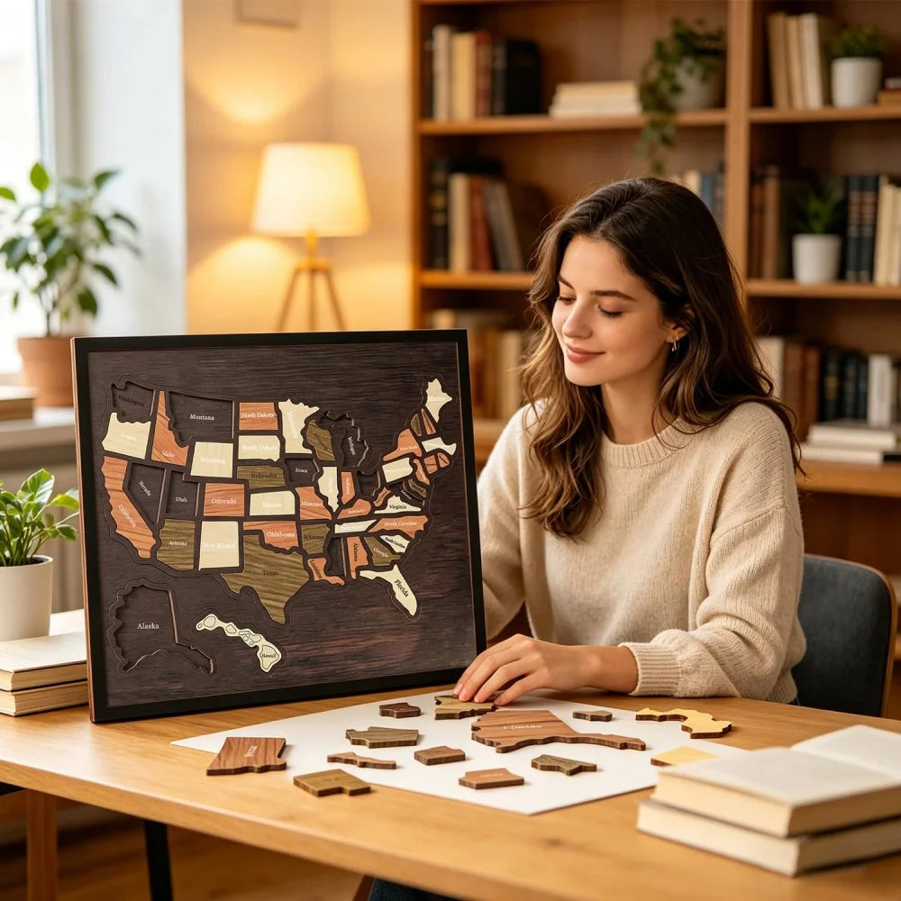 A woman sits at a wooden table with a custom engraved wooden USA travel map puzzle and other wooden pieces.