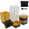 A set of reusable aluminum foil baking cups with lids and spoons in black and gold colors.