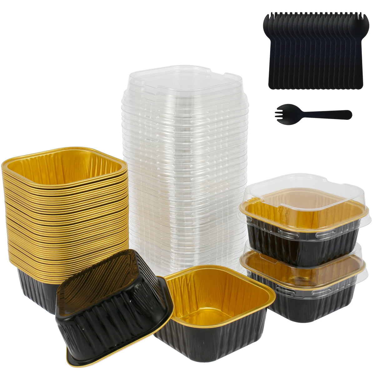 A set of reusable aluminum foil baking cups with lids and spoons in black and gold colors.
