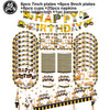 A set of construction vehicle themed birthday party tableware including plates, cups, napkins, and banners.