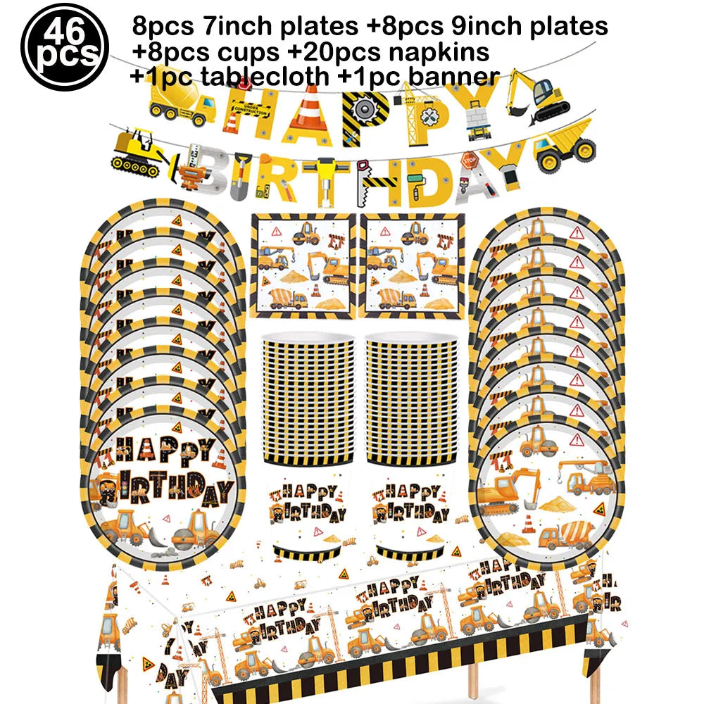 A set of construction vehicle themed birthday party tableware including plates, cups, napkins, and banners.