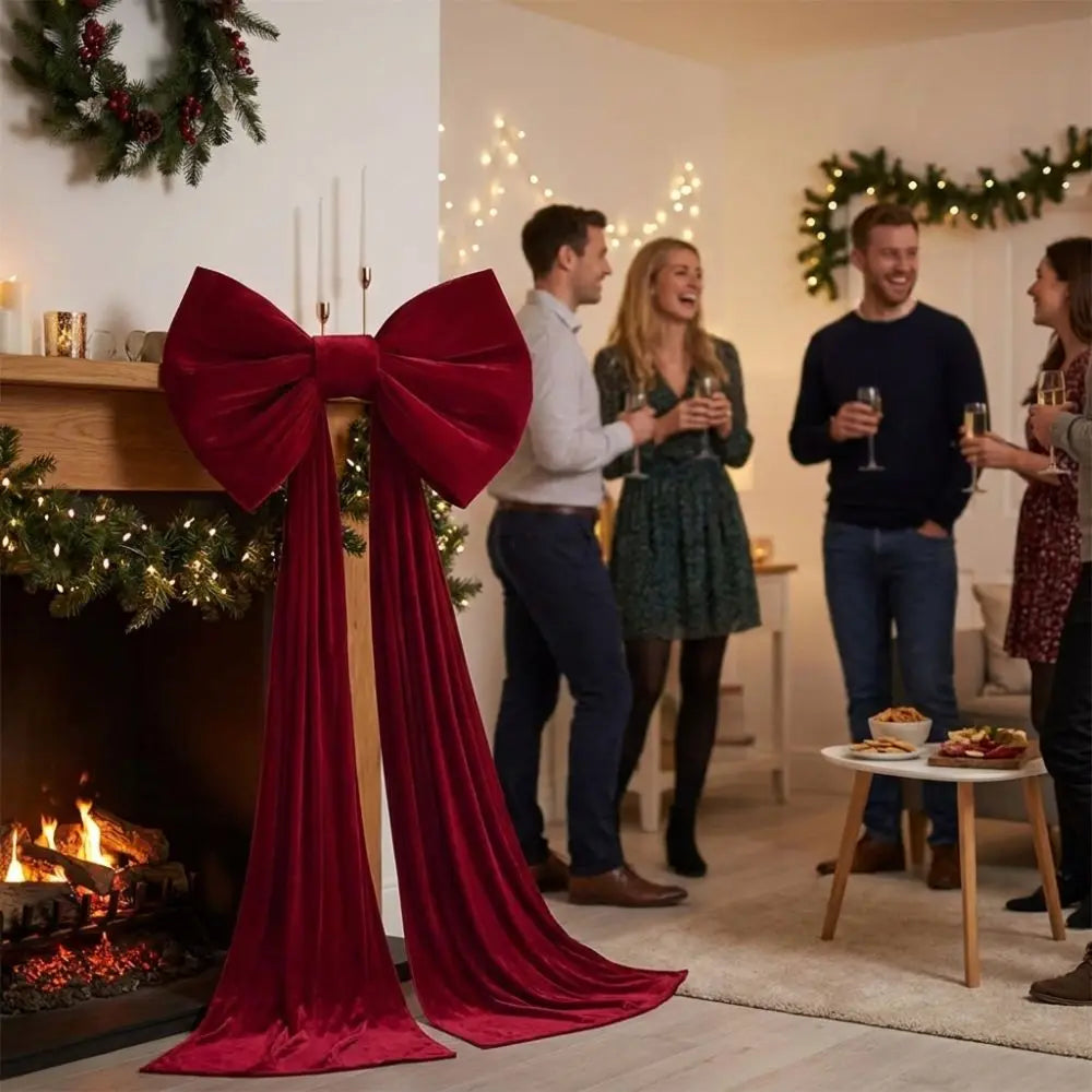A deep red velvet Christmas tree bow with long draping tails displayed on a fireplace mantel.
