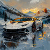 A white sports car is reflected in icy water with a mountainous, sunset-lit landscape in the background.