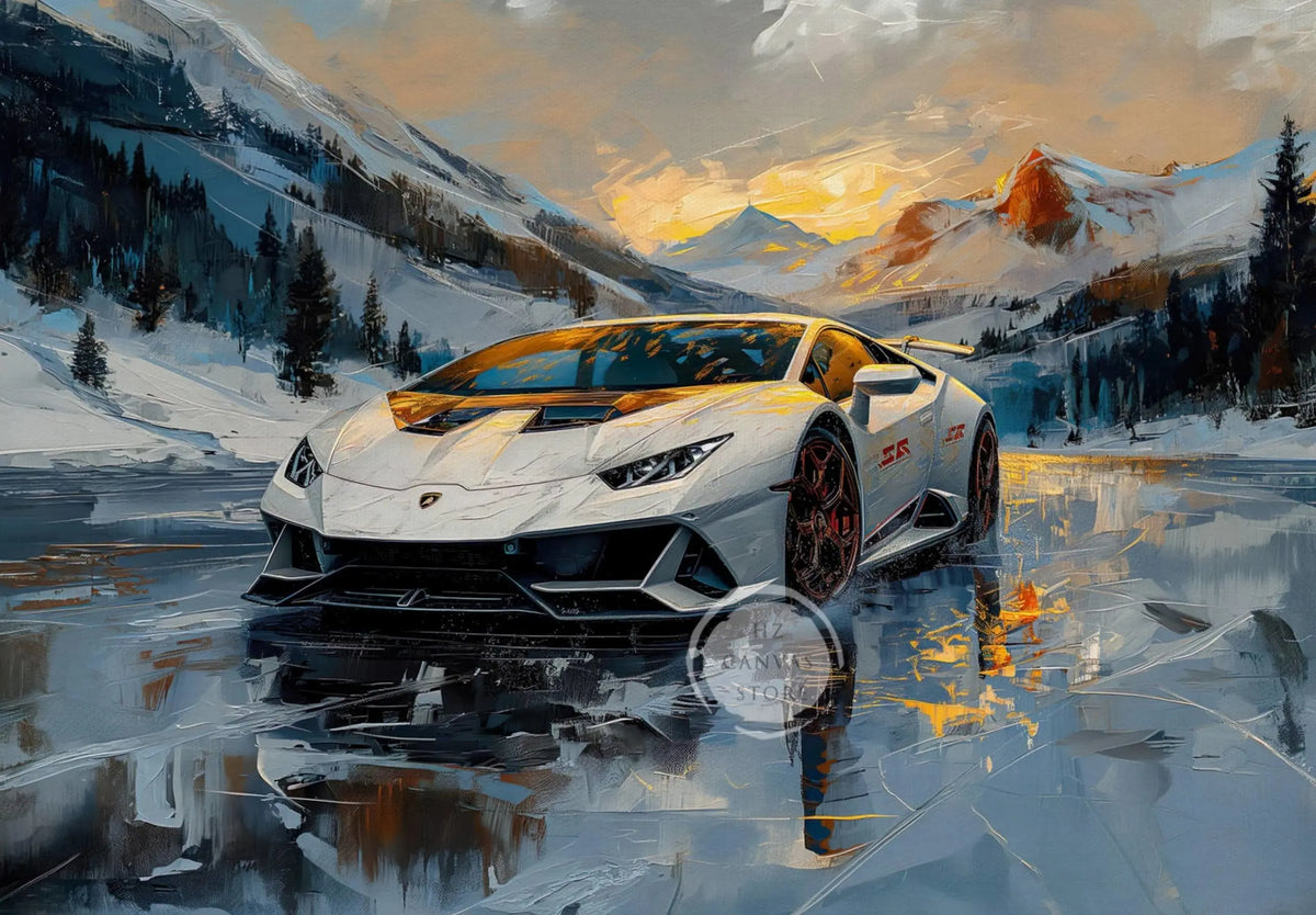 A white sports car is reflected in icy water with a mountainous, sunset-lit landscape in the background.