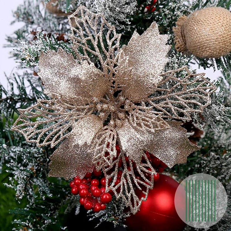 Gold sparkle silk artificial Christmas flowers with intricate wirework on a green fir branch