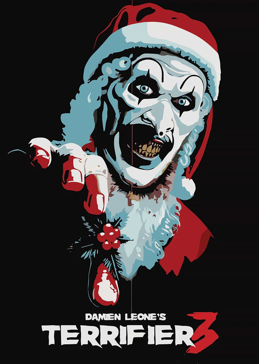 A stylized, menacing clown face in white and blue against a black background, featuring the title Damien Leone's Terrifier 3.