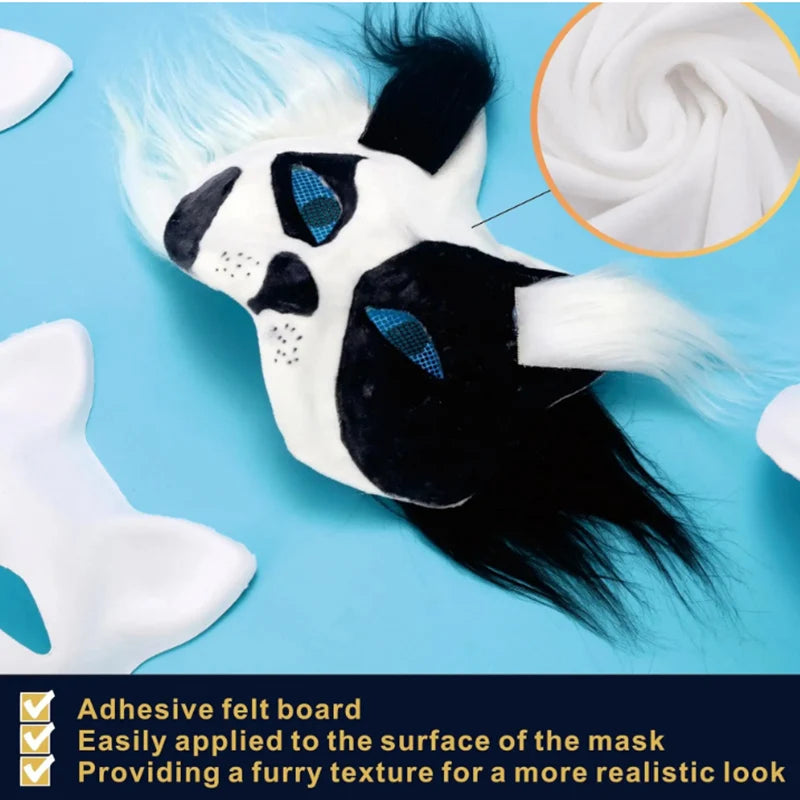 A white and black fox mask with a furry texture, showing an adhesive felt board for realistic look.