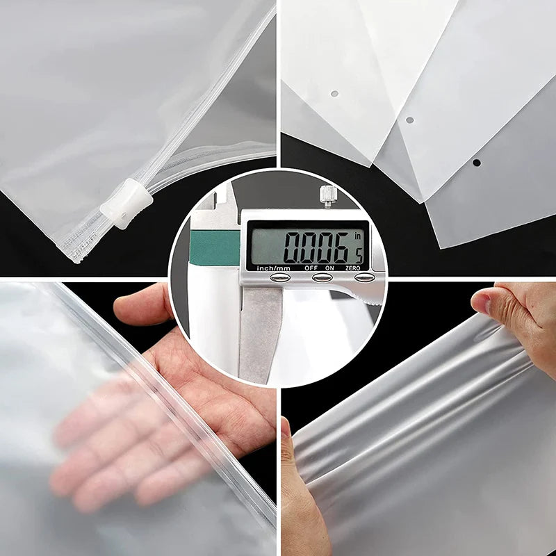 Close-up view of frosted zipper storage bags, showing a measurement device and flexible plastic bags.