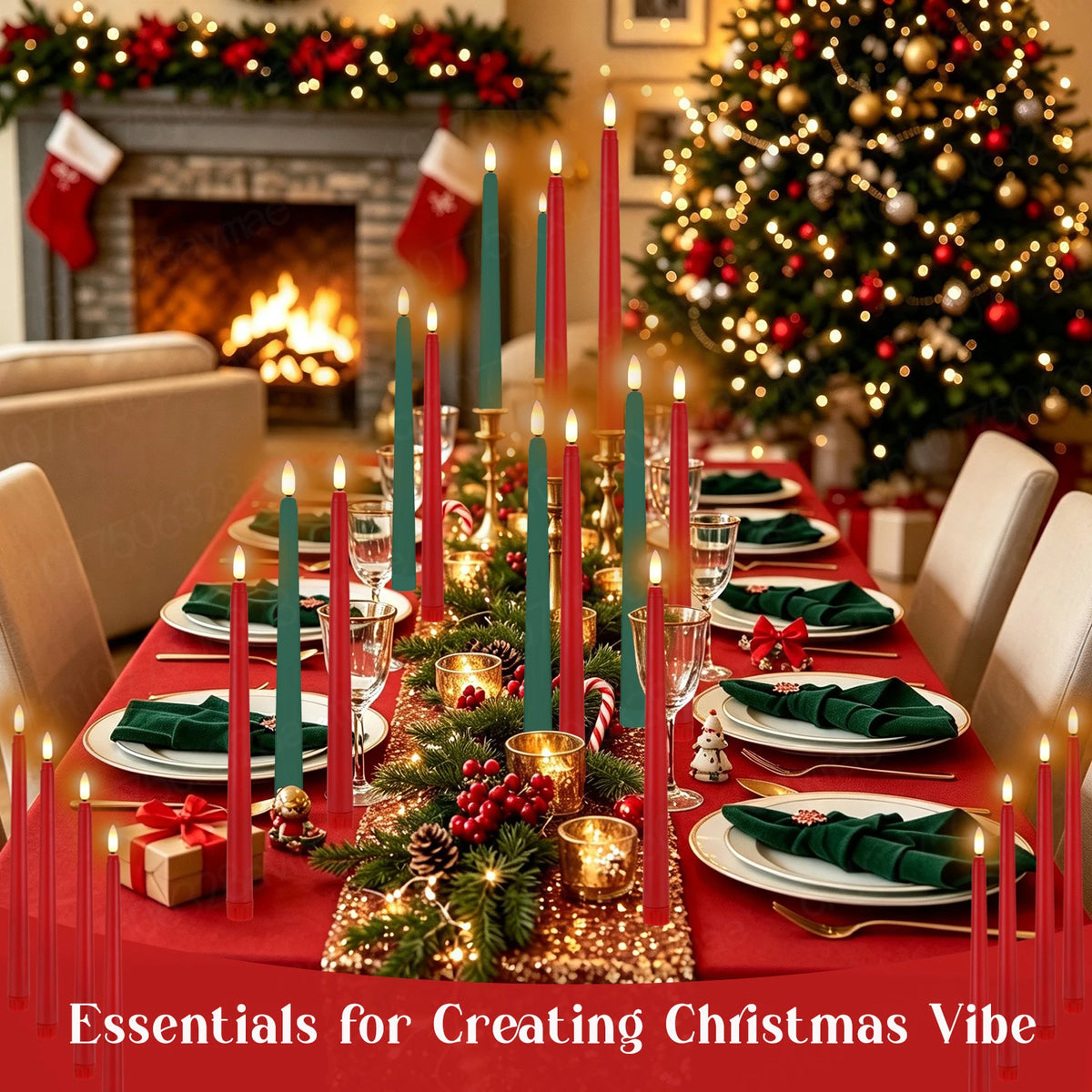 A festive Christmas table setting featuring red linens, green napkins, and tall candles with flickering flame effects.