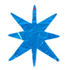 A bright blue star burst foil balloon with a red dot on top.