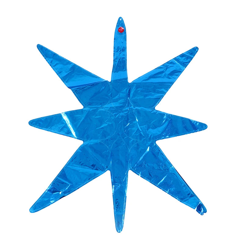 A bright blue star burst foil balloon with a red dot on top.