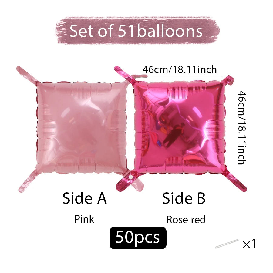 Set of 51 double-sided square foil balloons, Side A pink and Side B rose red, measuring 46cm/18.1inch each.