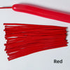 A collection of red latex strip balloons and a long red balloon are displayed on a white background.