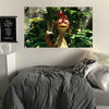 A framed picture of a funny chicken with a flag for indoor decor