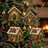 Christmas tree decorated with handcrafted wooden cabin ornaments featuring deer and festive patterns