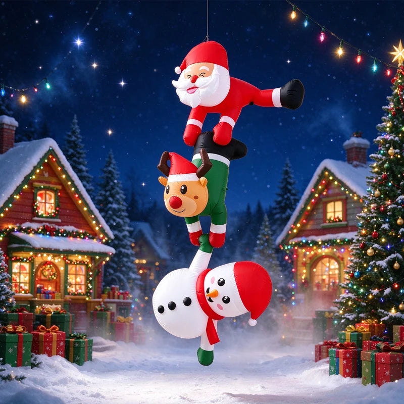 An inflatable decoration featuring Santa, a reindeer, and a snowman stacked together in a snowy Christmas scene.