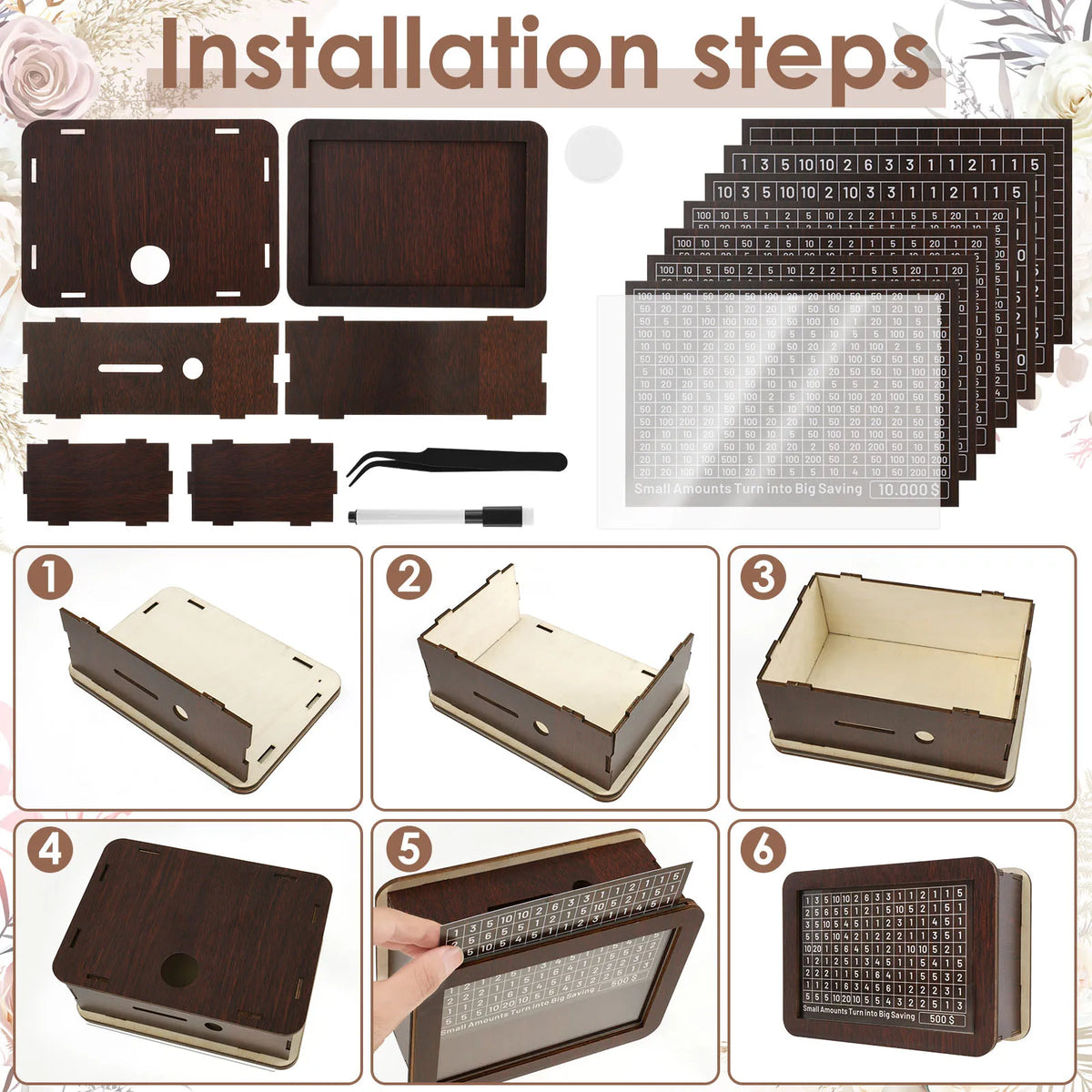 Installation steps showing the assembly of a wooden piggy bank for savings goals.