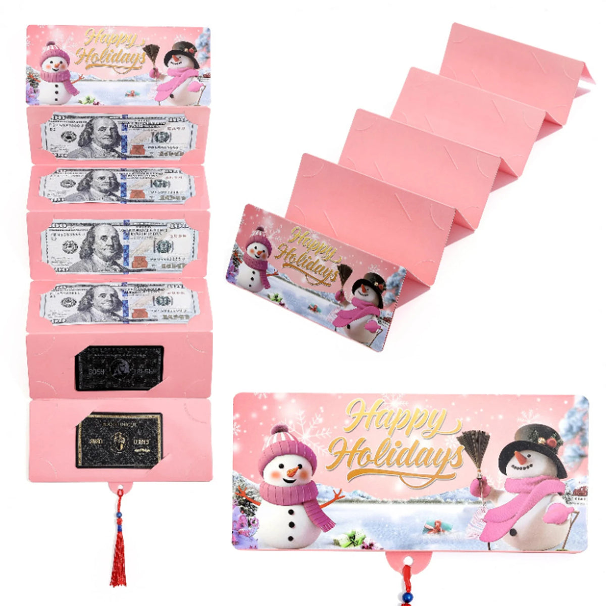 A stack of pink envelopes and a festive cash gift box with Santa Claus figures