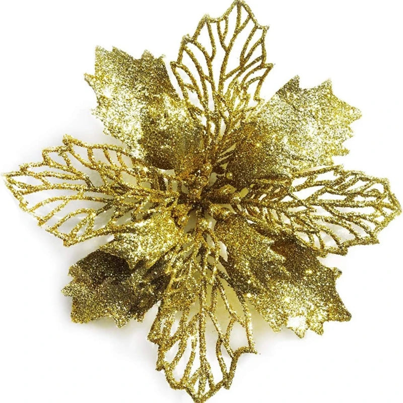 Gold sparkle silk artificial Christmas flowers with intricate leaf design