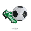 A green and white soccer-themed foil balloon soccer ball and a matching green and white soccer boot.