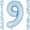 A light blue foil number balloon shaped like the numeral 9.