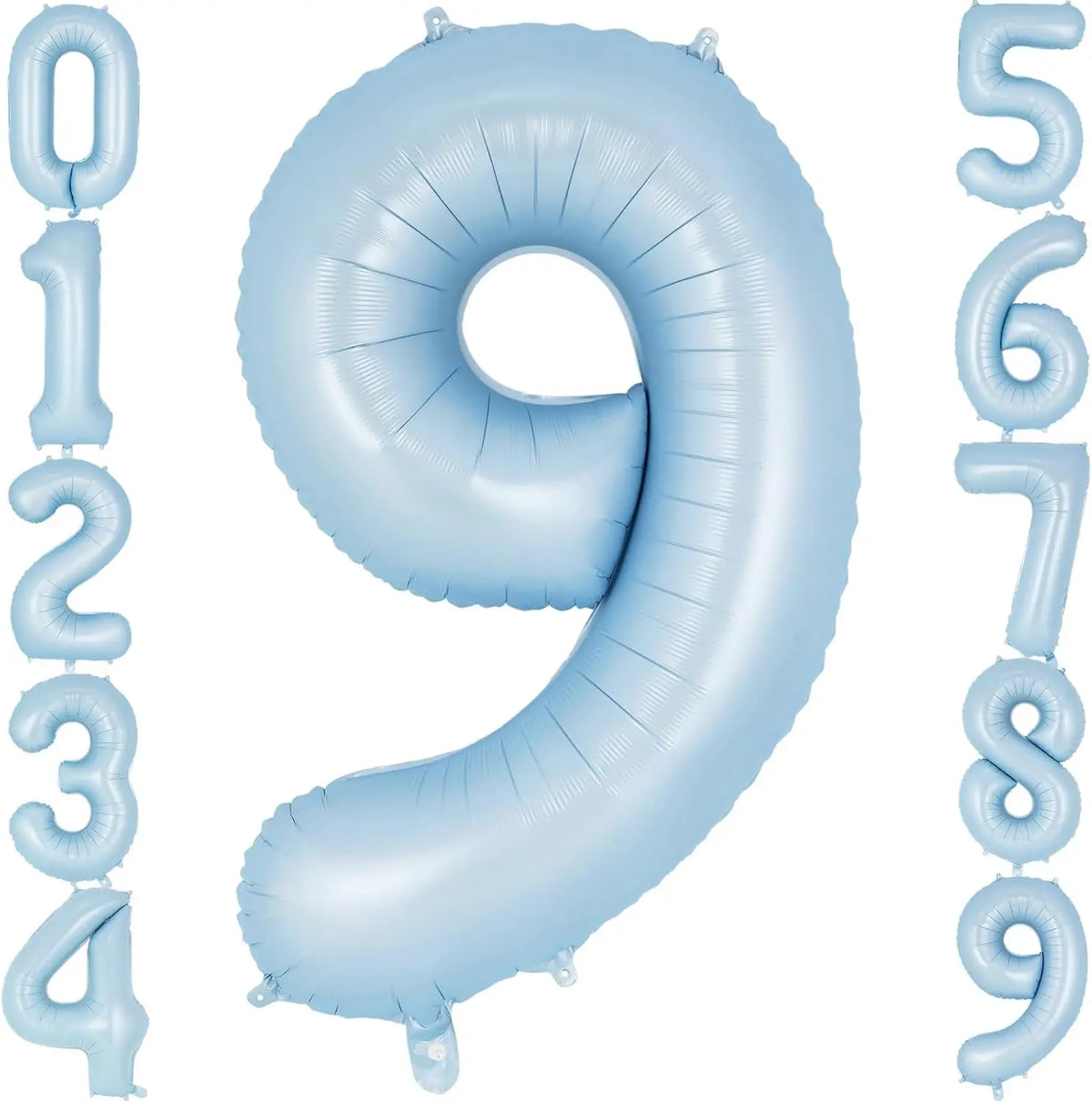 A light blue foil number balloon shaped like the numeral 9.