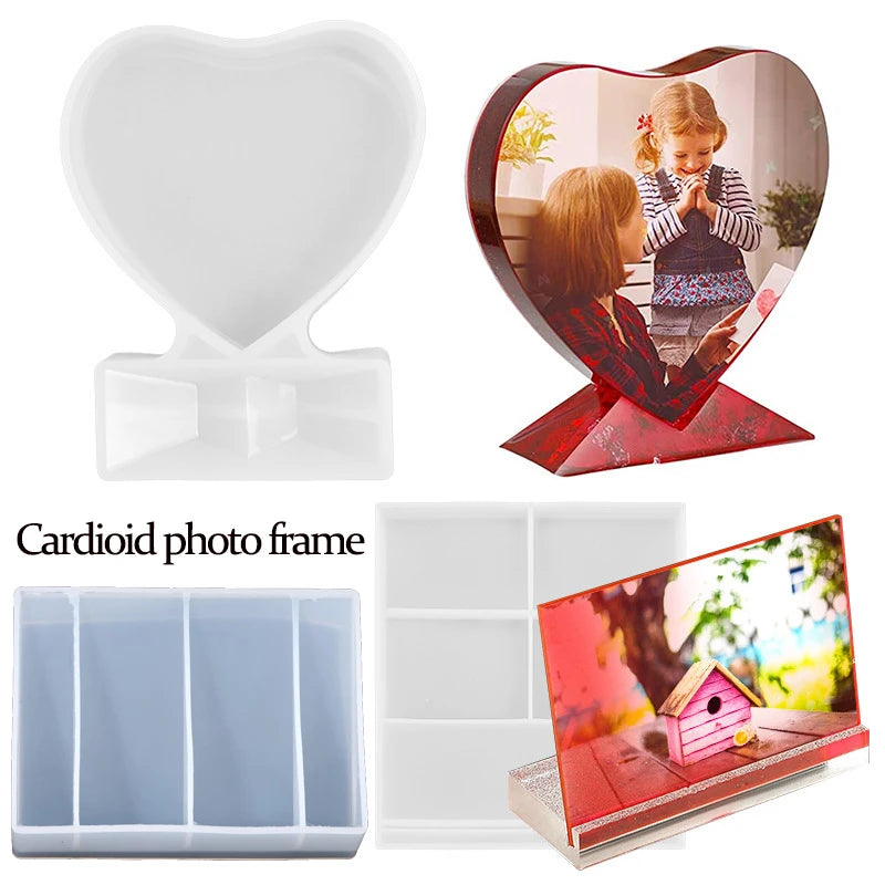 A heart-shaped silicone mold used to create DIY photo frames, shown with finished and unfinished examples.