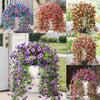 A variety of vibrant faux silk flowers in purple, pink, and orange arranged in archways for outdoor decor.