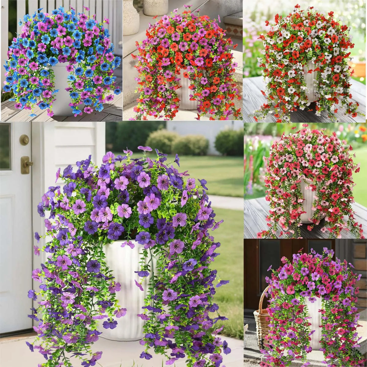 A variety of vibrant faux silk flowers in purple, pink, and orange arranged in archways for outdoor decor.