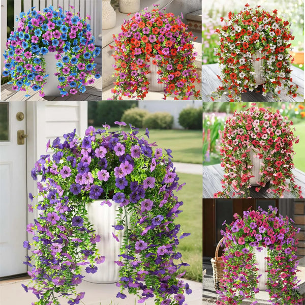A variety of vibrant faux silk flowers in purple, pink, and orange arranged in archways for outdoor decor.