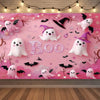 Pink Halloween neon backdrop featuring white ghosts, bats, and a witch hat design for a photo booth background
