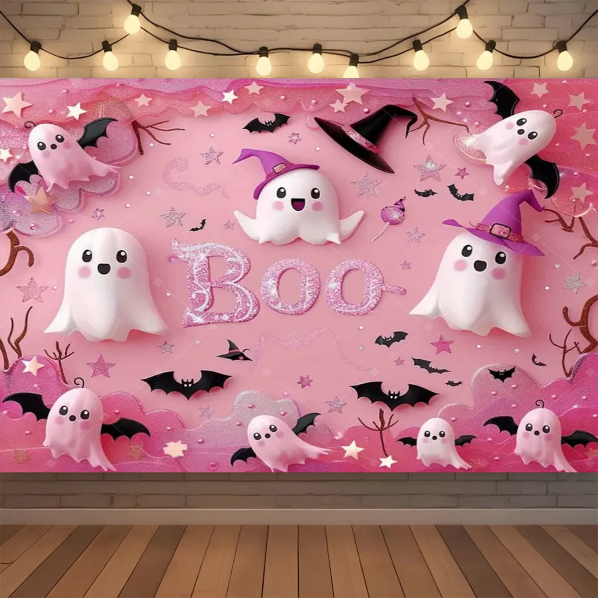 Pink Halloween neon backdrop featuring white ghosts, bats, and a witch hat design for a photo booth background
