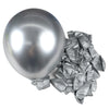 A single silver chrome metallic latex balloon next to a cluster of crumpled silver foil balloons for party decor.