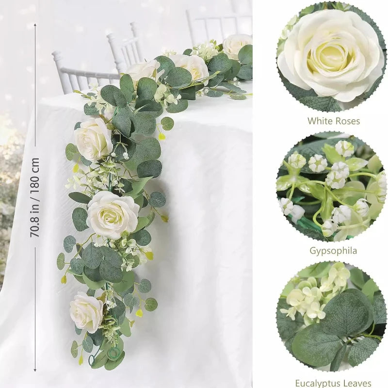 A long artificial eucalyptus garland featuring white roses and gypsophila for floral decoration.