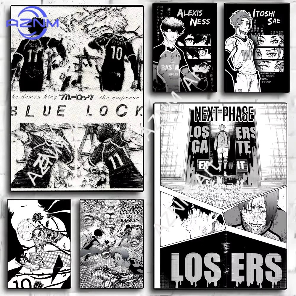 A collection of black and white anime art prints featuring characters from Blue Lock