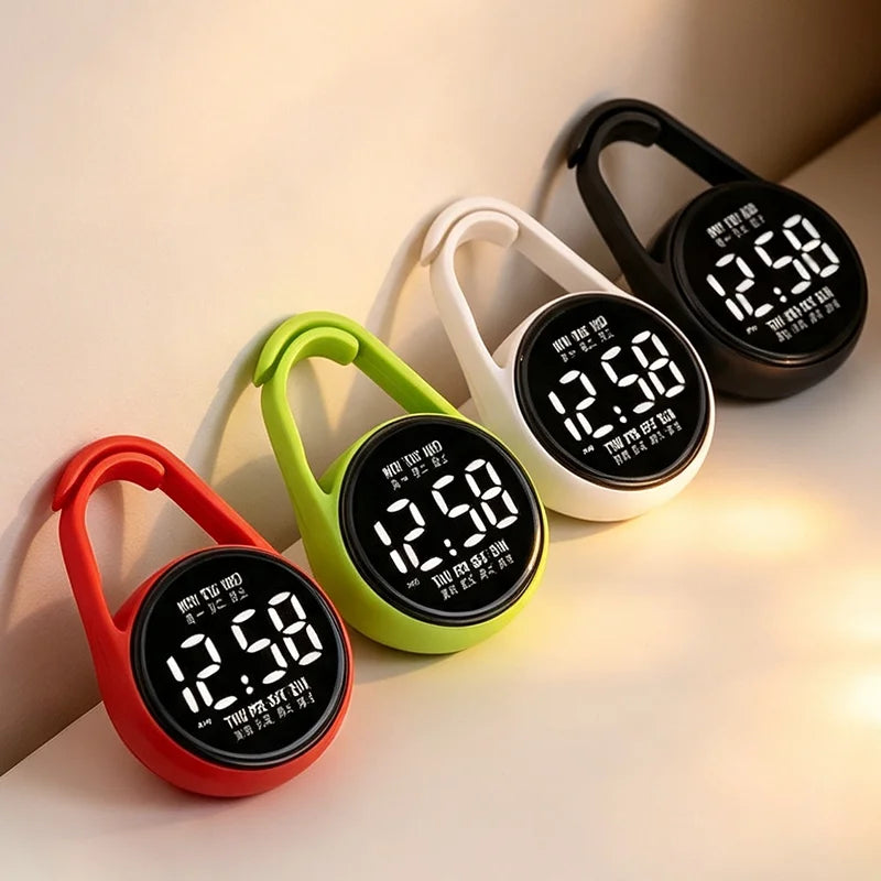 A collection of five LED pocket watches with touch control and night light features in red, green, white, and black.