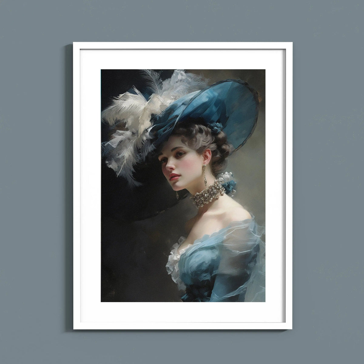 Canvas art print of a vintage woman wearing a large blue hat with feathers and a sheer blue dress