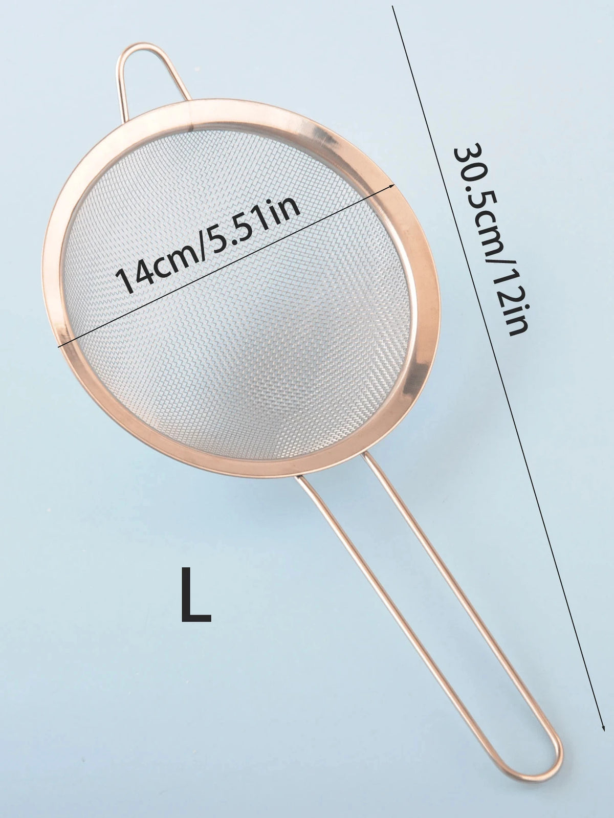 A round stainless steel colander with a handle, showing its 14cm diameter.