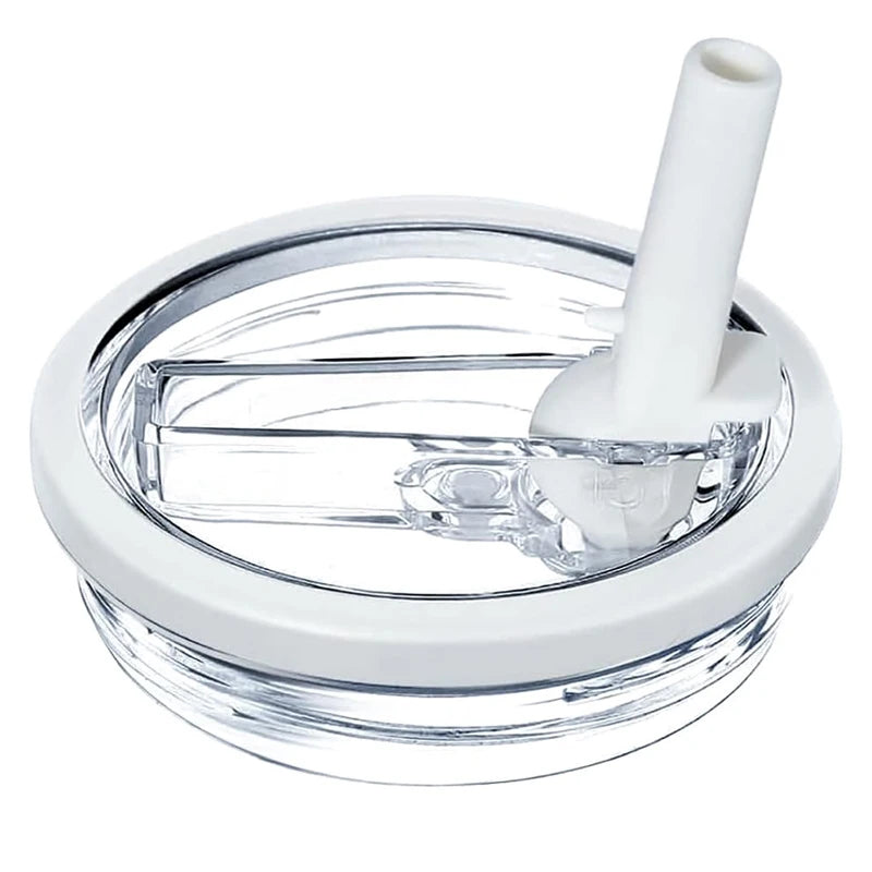 Clear replacement tumbler lid with a white straw component for spill resistance