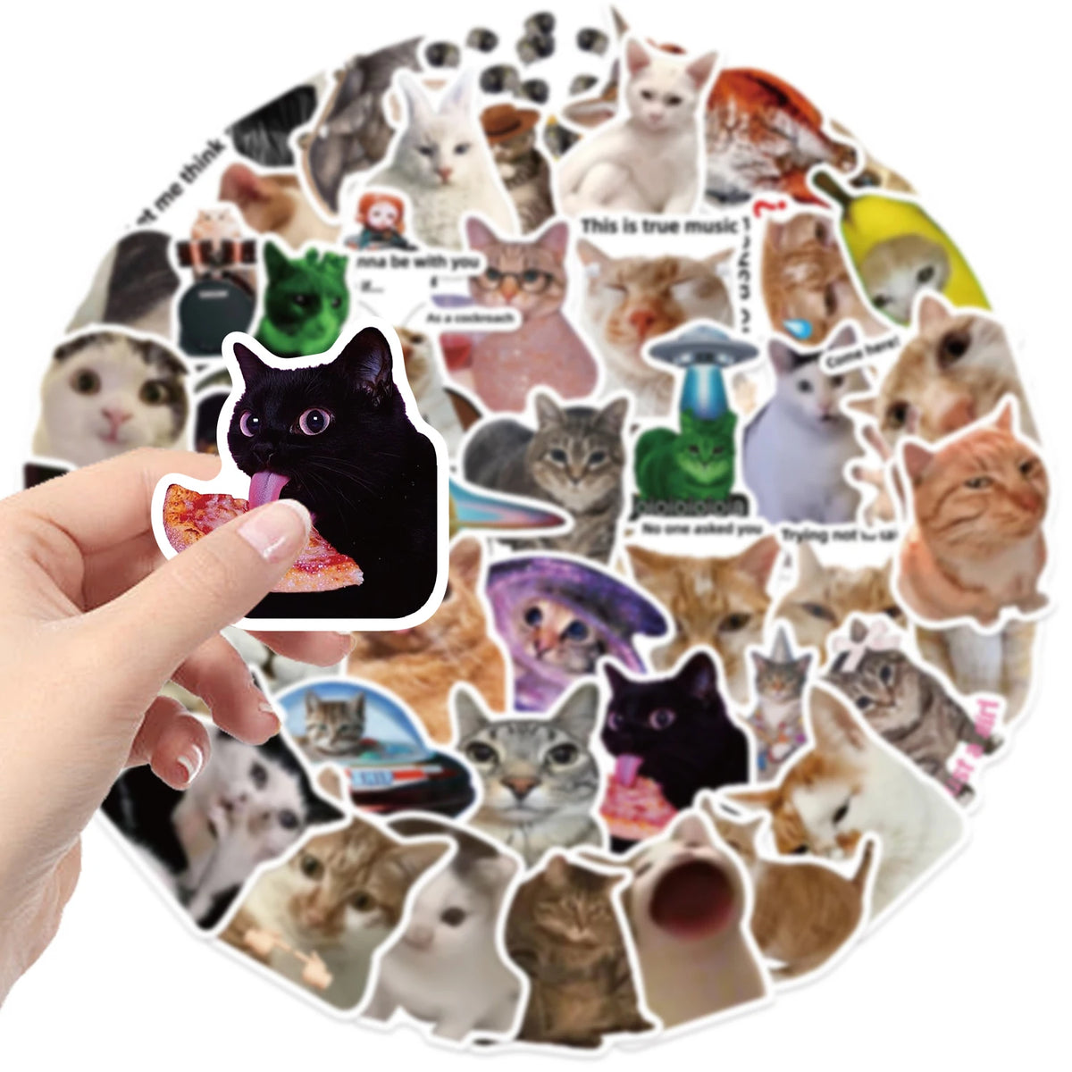 A collection of waterproof vinyl decals featuring various cats in different poses and colors.