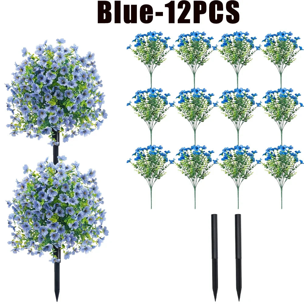 Twelve blue artificial flowers on stems displayed for outdoor and indoor decoration